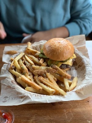 Allen Burger Venture signature dishes No. 1 (ABV Classic), No. 11 (Lamb Burger), Poutine, Truffle Fries